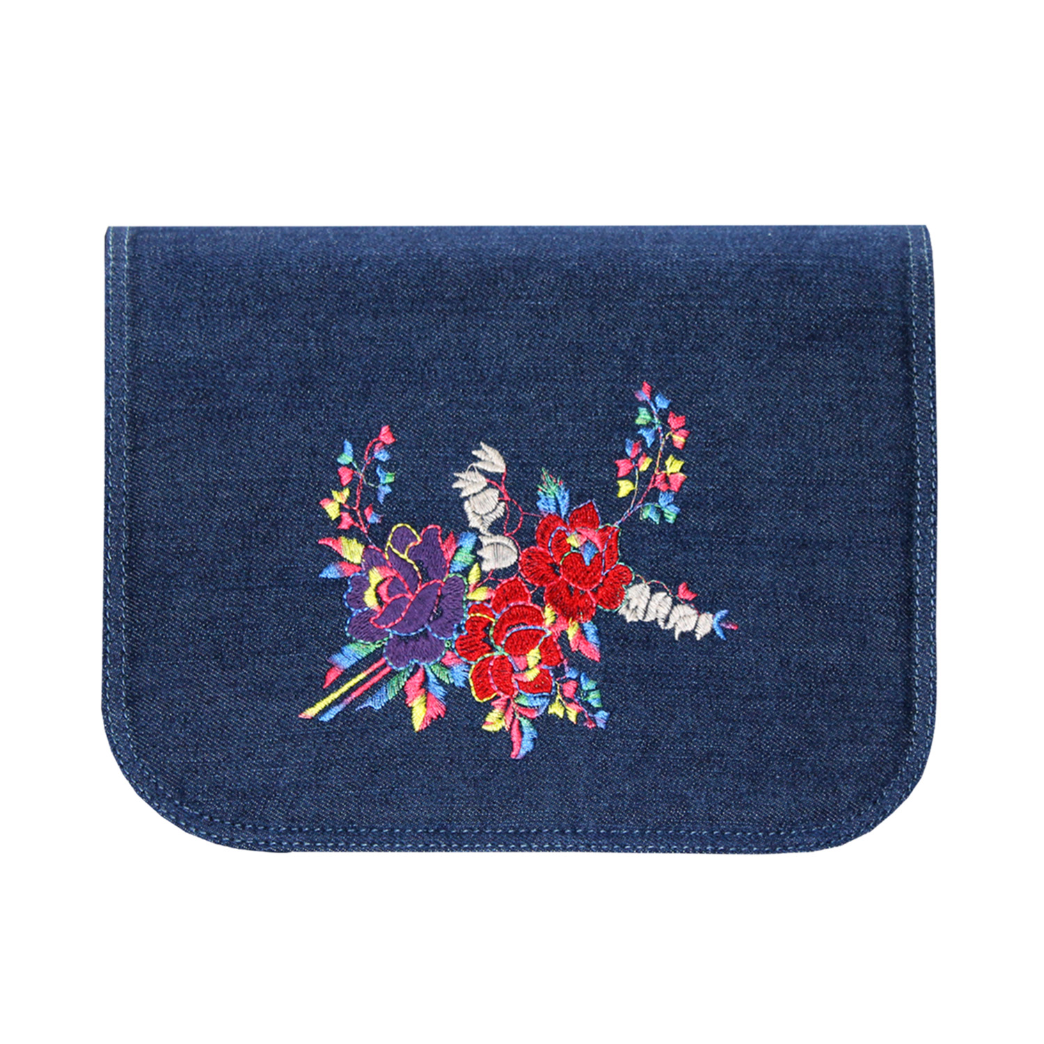 blaues Jeans Design mit Stickereien in Bunt für Handtaschen der soft Bag Serie von Delieta