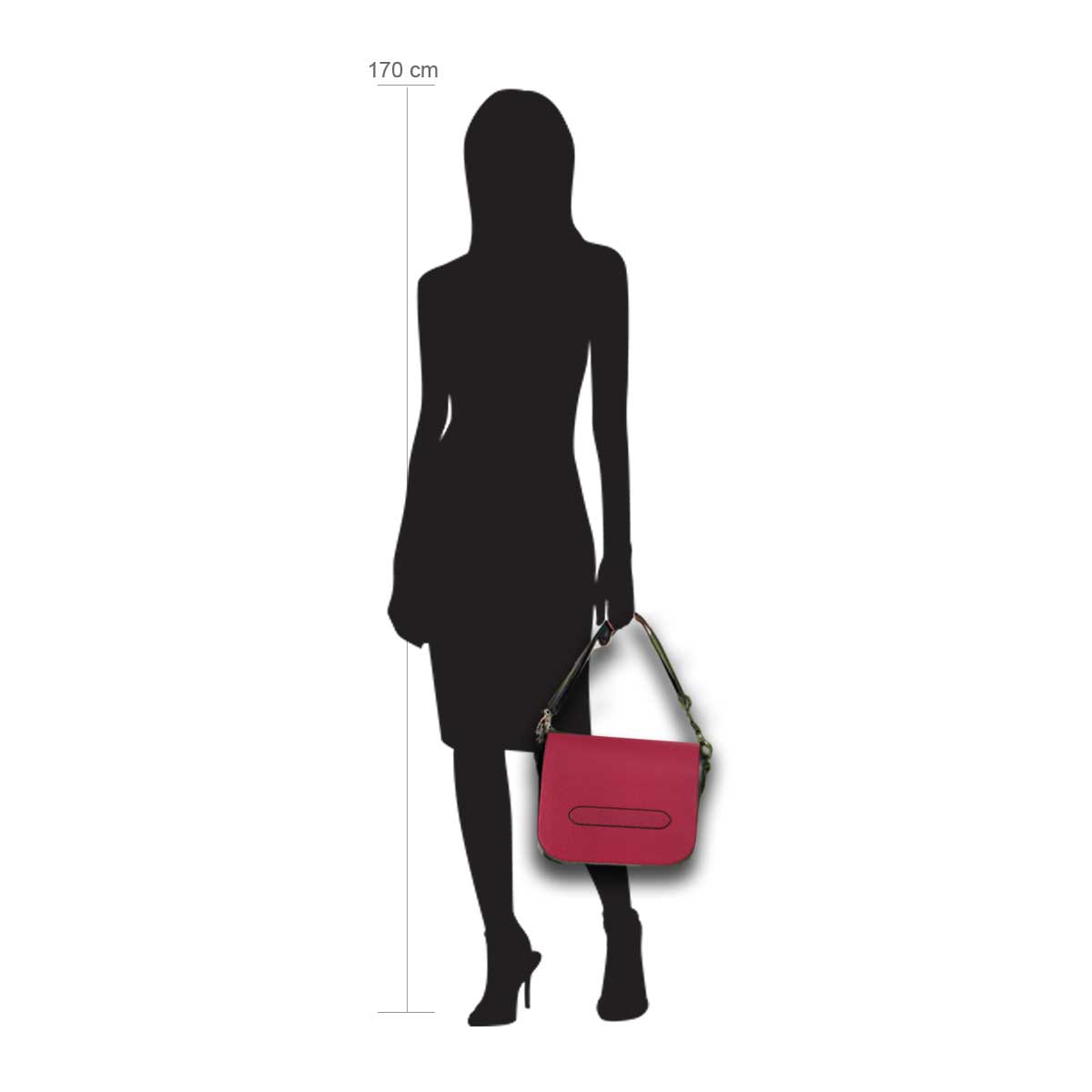 Modellpuppe 170 cm groß zeigt die Handtaschengröße an der Person Modell:Toskana